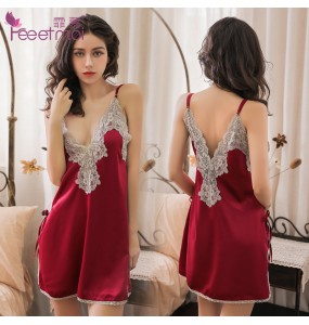 FEE ET MOI Sexy Deep V Neck Sleepwear Dress (Burgundy)